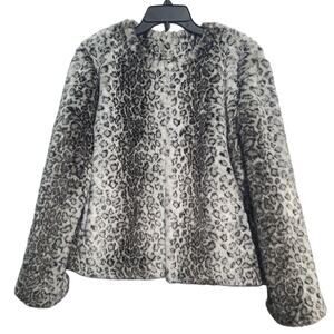 Express Faux Fur Animal Print Jacket Large Gray NWT Hook & Eye Collarless